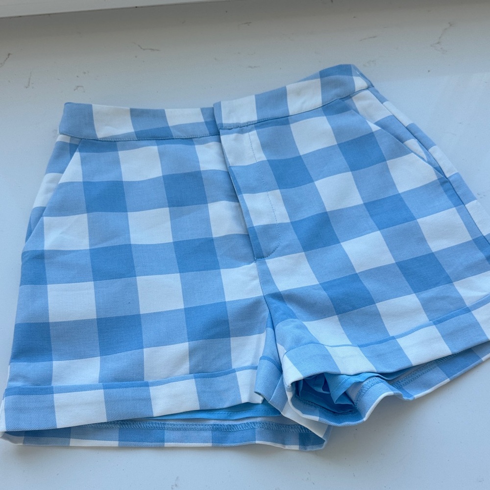 English Factory High Waist dress shorts. Blue white Gingham Like new.